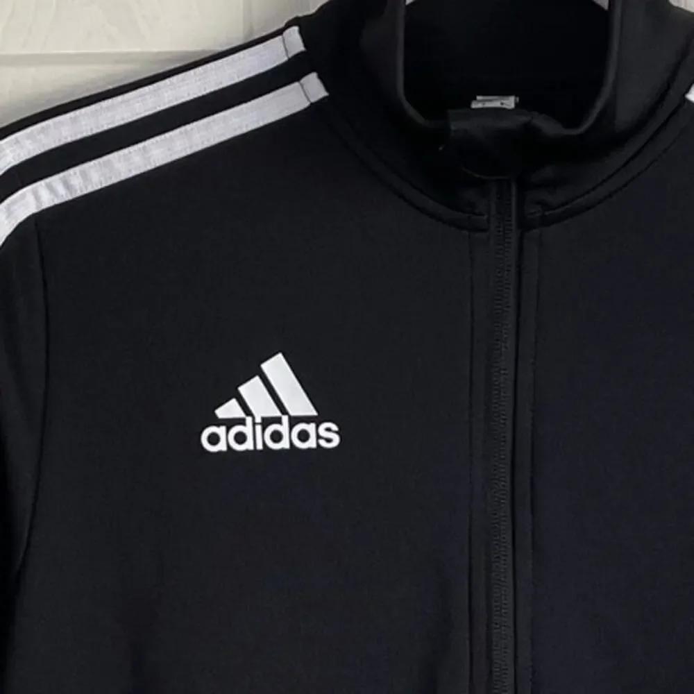 Adidas Track Jacket Boys Youth Sz L (13-14Y) Black White Logo Stripes Activewear